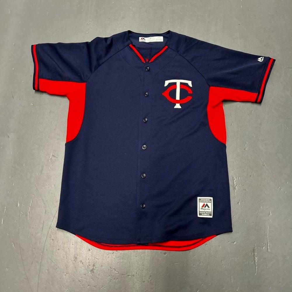 Men's Minnesota Twins majestic Joe Mauer navy and red button up baseball jersey